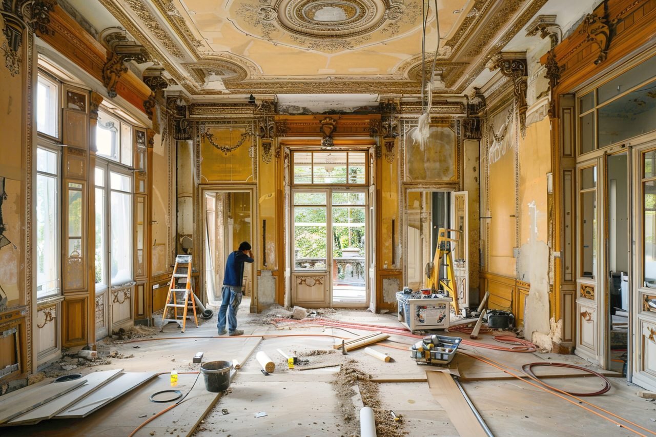Vintage mansion during restoration: Workers restoring ornate woodwork and frescoes Construction Company